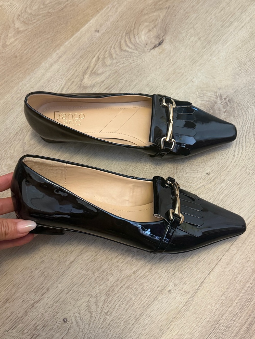 Franco Sarto Rina Black Patent Kiltie Loafers with Gold Bit